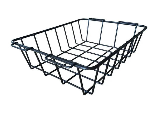 Black wire hanging basket for Iceland Coolers, designed to organize dry goods and keep items elevated above ice or cold storage.