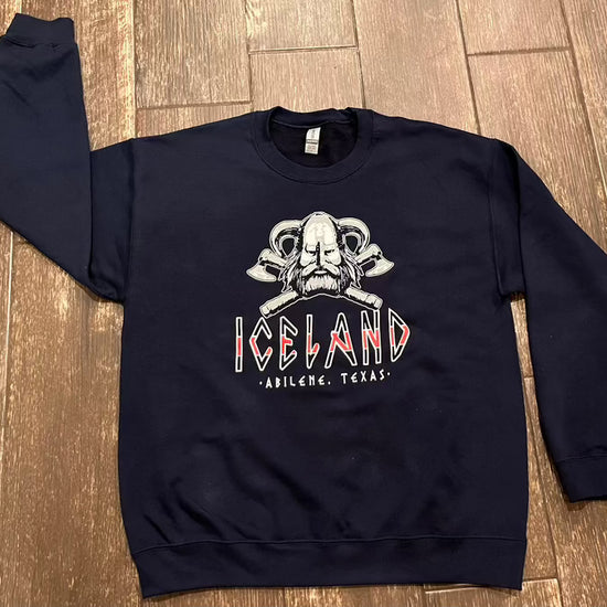 Navy Iceland Coolers crew neck sweatshirt with Viking skull and crossed axe graphic and “Abilene, Texas” lettering.