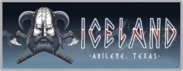 Iceland Coolers logo sticker featuring Viking helmet graphic, crossed axes, and stylized “ICELAND” text with “Abilene, Texas” below.