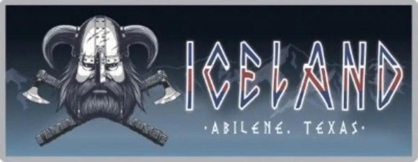 Iceland Coolers logo sticker featuring Viking helmet graphic, crossed axes, and stylized “ICELAND” text with “Abilene, Texas” below.