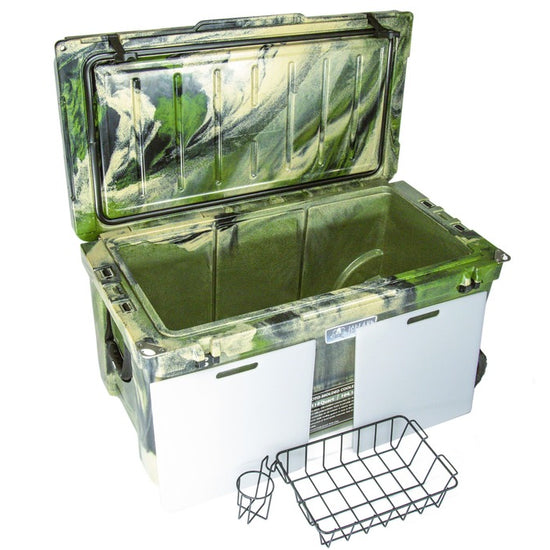 Iceland Coolers Longship Series 110-quart camo wheeled cooler with lid open, showing removed dividers, dry basket, and side cup holder.
