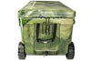 Rear view of Iceland Coolers Longship Series 110-quart wheeled cooler in green camo with wheels, drain plug, handle strap, and cup holder.