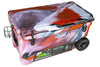 Iceland Coolers Longship Series 70-quart wheeled cooler in red, white, and black swirl design with cup holder and latches.