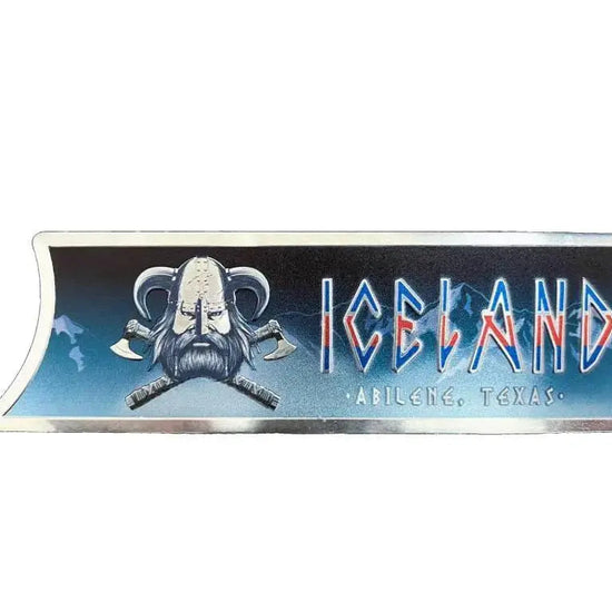 Metal Iceland Coolers badge featuring a Viking helmet logo and "ICELAND Abilene, Texas" text on a gradient background.