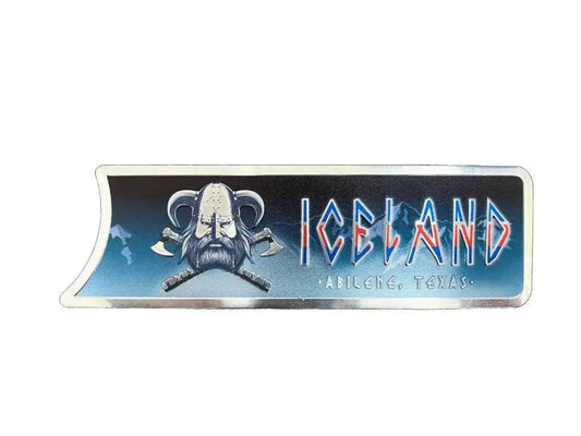 Metal Iceland Coolers badge featuring a Viking helmet logo and "ICELAND Abilene, Texas" text on a gradient background.