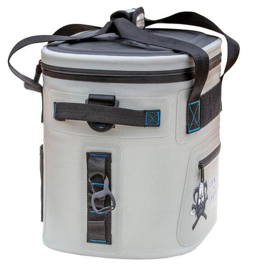 Side view of gray Iceland Coolers Saga Series 12-can soft cooler featuring bottle opener, front zipper pocket, and black strap.