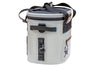 Side view of gray Iceland Coolers Saga Series 12-can soft cooler featuring bottle opener, front zipper pocket, and black strap.