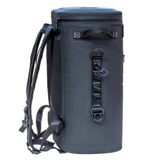 Side view of Iceland Coolers Saga Series 30-can soft cooler showing padded backpack straps and MOLLE-style webbing.