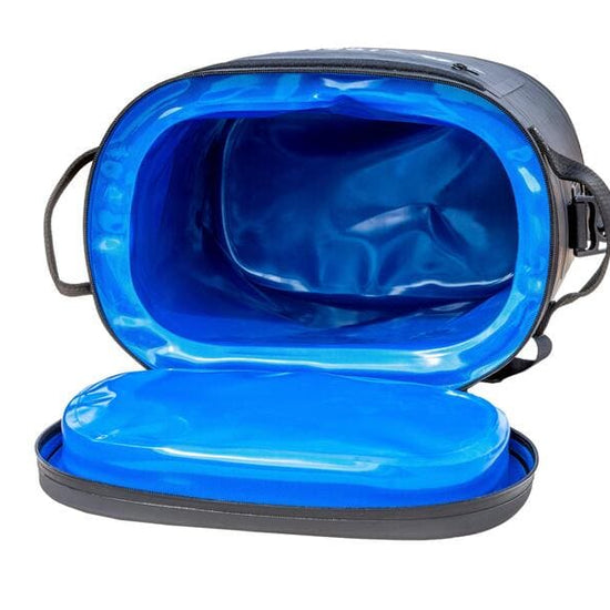 Interior view of Iceland Coolers Saga Series 30-can soft cooler with bright blue, easy-to-clean waterproof lining.