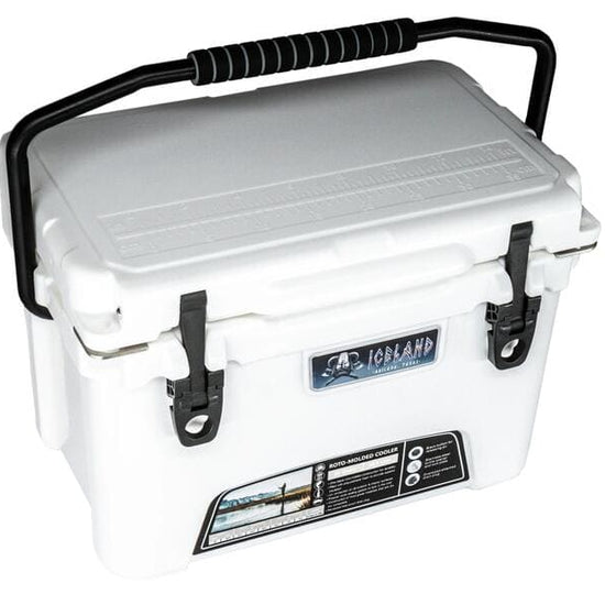 Closed white Iceland Coolers Viking Series 20QT hard cooler with sturdy carry handle and front branding badge.