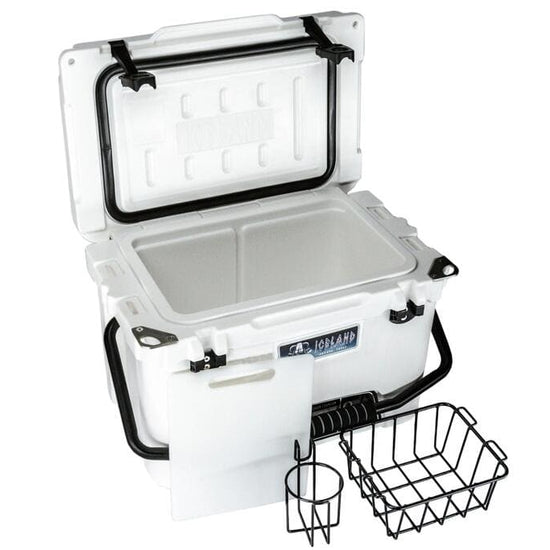 White Iceland Coolers Viking Series 20QT hard cooler with lid open, showing removable basket, divider, and cup holder.