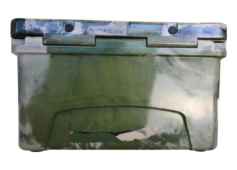 Back view of Iceland Coolers Viking Series 45 QT cooler in arctic camo with rugged molded design.