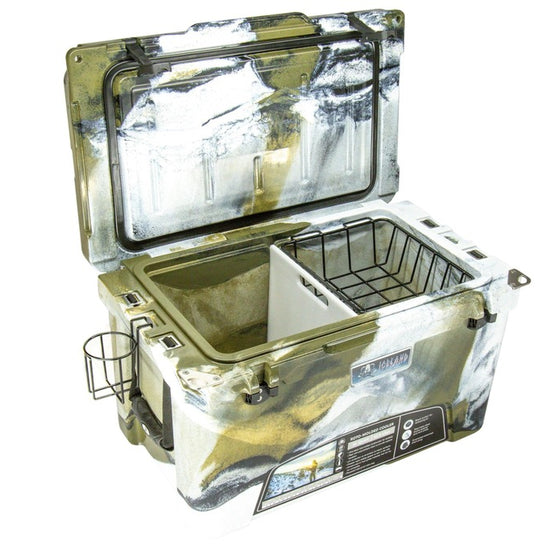 Camo-patterned 45-quart hard cooler with open lid, divider, basket, and external cup holder.