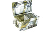 Camo-patterned 45-quart hard cooler with open lid, divider, basket, and external cup holder.