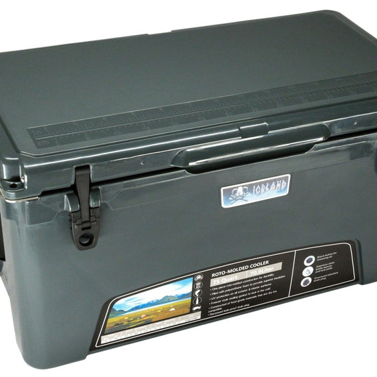 Closed Iceland Coolers Viking Series 75 QT in matte gray with top fish ruler, cup holder, and dual front latches.