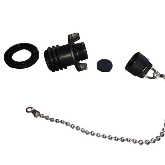 Disassembled Viking Series Whirl Flow two-stage drain plug from Iceland Coolers, shown with cap, gasket, and metal chain.