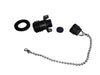Disassembled Viking Series Whirl Flow two-stage drain plug from Iceland Coolers, shown with cap, gasket, and metal chain.