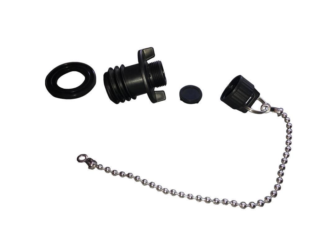 Disassembled Viking Series Whirl Flow two-stage drain plug from Iceland Coolers, shown with cap, gasket, and metal chain.