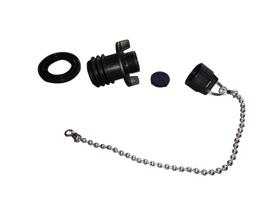 Disassembled Viking Series Whirl Flow two-stage drain plug from Iceland Coolers, shown with cap, gasket, and metal chain.