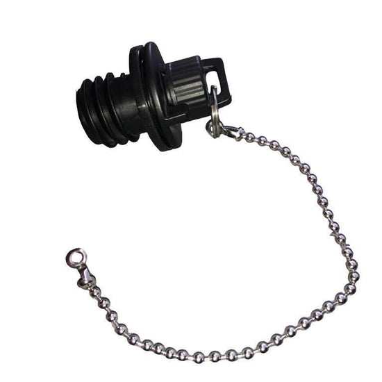 Viking Series Whirl Flow two-stage drain plug by Iceland Coolers, shown with attached metal chain for secure retention.