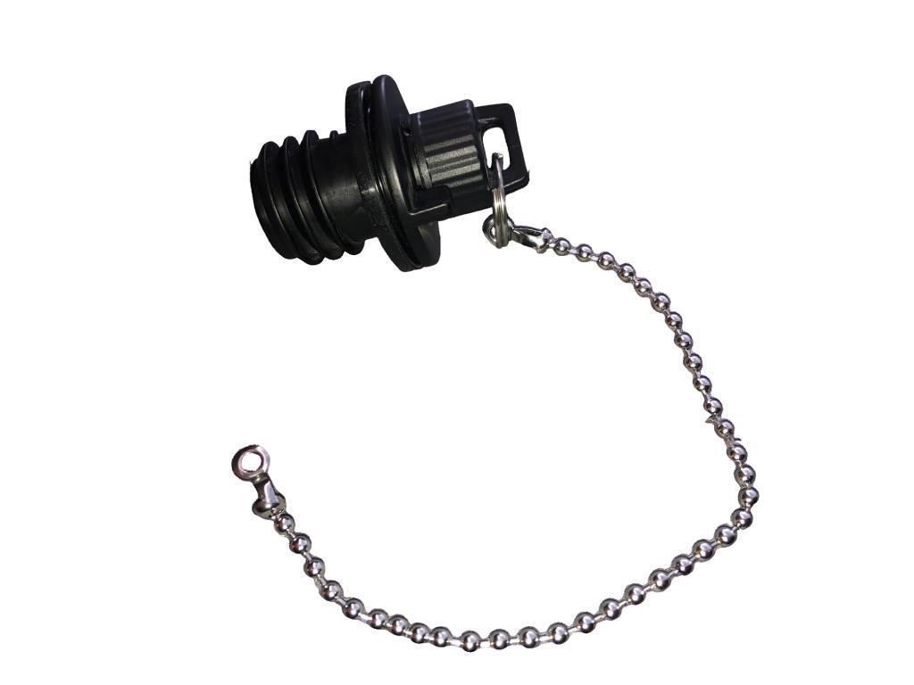Viking Series Whirl Flow two-stage drain plug by Iceland Coolers, shown with attached metal chain for secure retention.