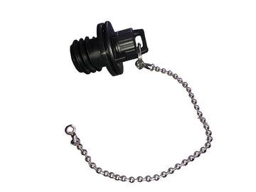 Viking Series Whirl Flow two-stage drain plug by Iceland Coolers, shown with attached metal chain for secure retention.