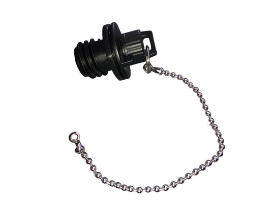 Viking Series Whirl Flow two-stage drain plug by Iceland Coolers, shown with attached metal chain for secure retention.