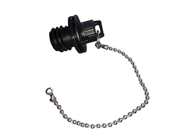 Viking Series Whirl Flow two-stage drain plug by Iceland Coolers, shown with attached metal chain for secure retention.