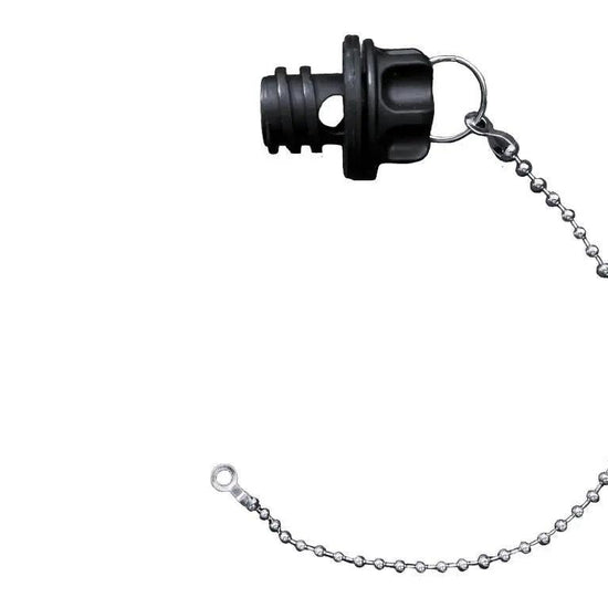 Longship Series one-stage drain plug by Iceland Coolers, featuring a compact design with tethered metal chain for easy retention.