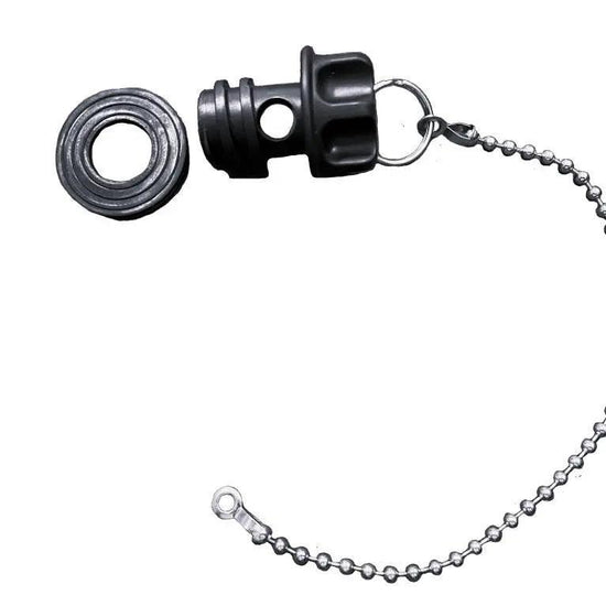 Disassembled Longship Series one-stage drain plug from Iceland Coolers, shown with gasket and attached metal chain.