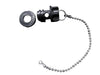 Disassembled Longship Series one-stage drain plug from Iceland Coolers, shown with gasket and attached metal chain.