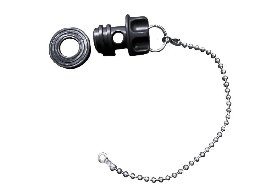 Disassembled Longship Series one-stage drain plug from Iceland Coolers, shown with gasket and attached metal chain.