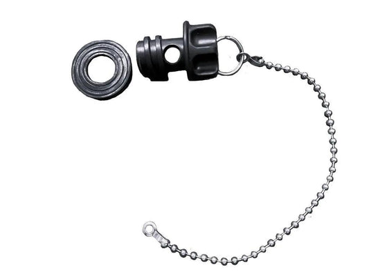 Disassembled Longship Series one-stage drain plug from Iceland Coolers, shown with gasket and attached metal chain.